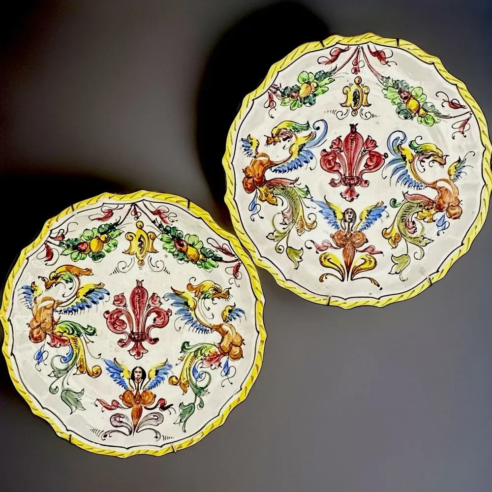 Vintage Fratelli Fanciullacci Italy Majolica Dragon Plates Set 2 Ready to Hang